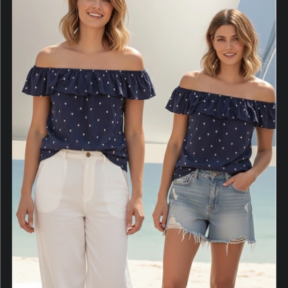 Reitmans Tops - Reitmans Navy Off-Shoulder Ruffle Top  size Medium no care tag